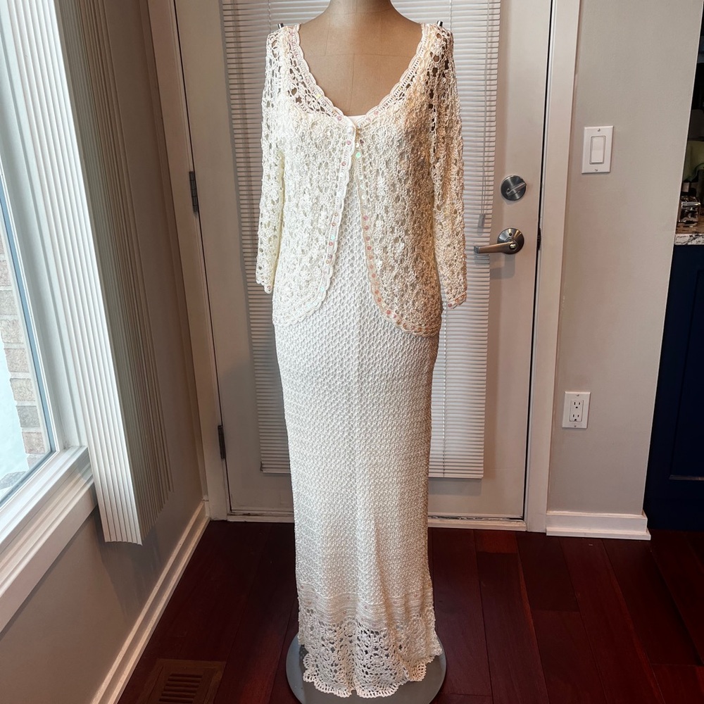 Cream Lace & Sequin 3/4 Sleeve Maxi Gown